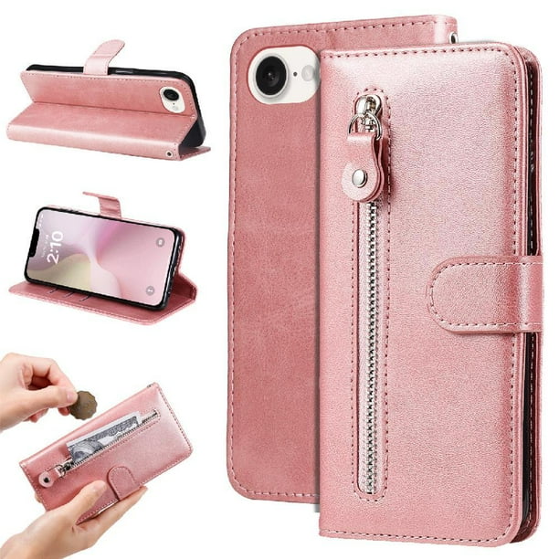 Funda con Cremallera para iPhone 16e, Carcasa Cartera de Cuero PU con Soporte y Tarjetero