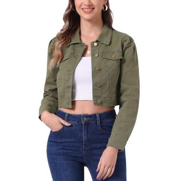 INSPIRE CHIC Chaqueta de Mezclilla para Mujer de Regreso a Clases con Mangas Largas Abullonadas, Largo Recortado, Lavado, Estilo Occidental, Talla L, Verde Militar