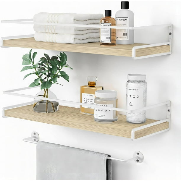 Forbena White Floating Shelves for Bathroom Organizer Over Toilet, Bathroom Shelves Wall Mounted with Towel Rack, Small Corner Wall Shelf for Bedroom Decor Kitchen Storage (White-Grey Set of 2)