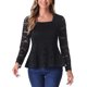 thumbnail image 1 of Tops de encaje para mujeres con cuello cuadrado, manga larga, elástico, elegante, blusa casual con peplum, talla S, negro, 1 of 6
