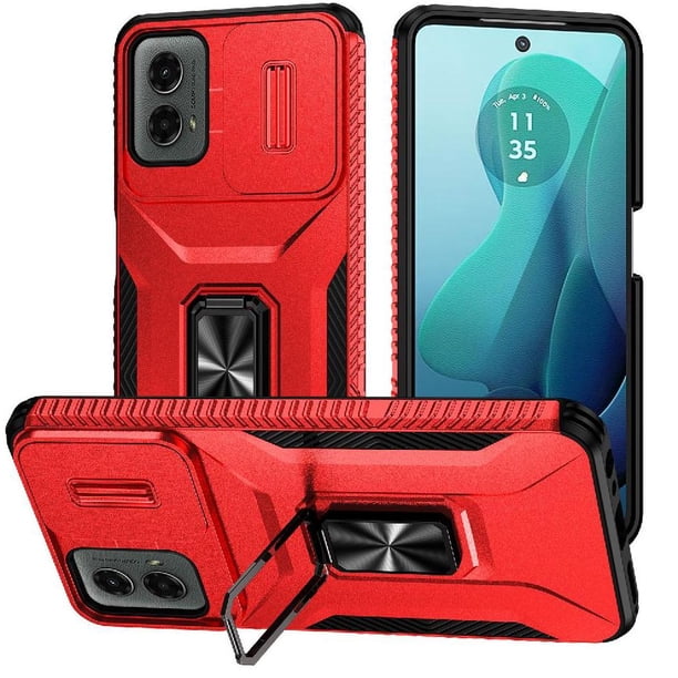 Funda Armada para Motorola Moto G 5G 2024 con Tapa Deslizante y Soporte Magnético Giratorio Rojo
