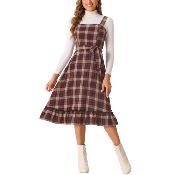 Vestido de Cuadros INSPIRE CHIC para Mujeres con Volantes Sin Mangas Vintage con Cintura Ajustable Estilo Pichi en Línea A M Rojo Negro