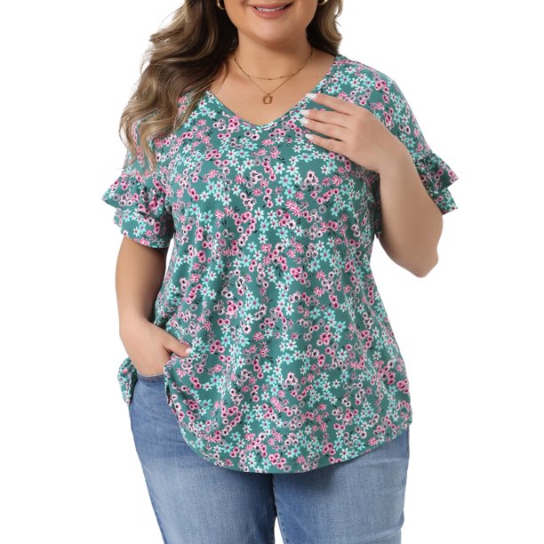 Blusas Casuales de Verano con Mangas de Volante y Escote en V para Mujer de Talla Grande de Agnes Orinda 3X Verde