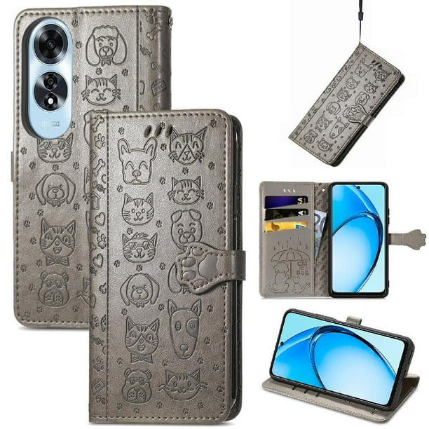 Funda Cartera FOXDOCK para OPPO A60 4G , Flip PU con Relieve de Gatos y Perros, Tarjetero y Soporte