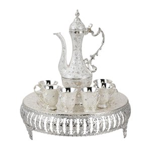 Magideal - De Cafetera Turca Vintage, Tazas Y Bandeja De Té Artesanal Decoraciones De Insertadas Té De Piedras , Plata 25X31Cm