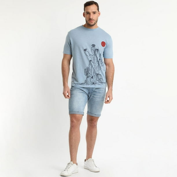Polera Manga Corta Cuello Redondo Print Celeste celeste XL