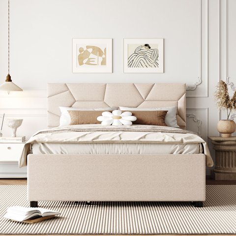 M&Ms - Full Size Upholstered Platform Bed With Brick Pattern Headboard And Twin Size Trundle, Linen Fabric, Beige