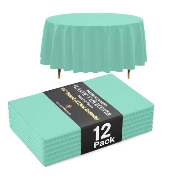Exquisite – Mantel redondo de plástico premium color menta, 66 % más grueso, 0,5 mil, 12 unidades, 84 pulgadas (213 cm), no se rasga fácilmente