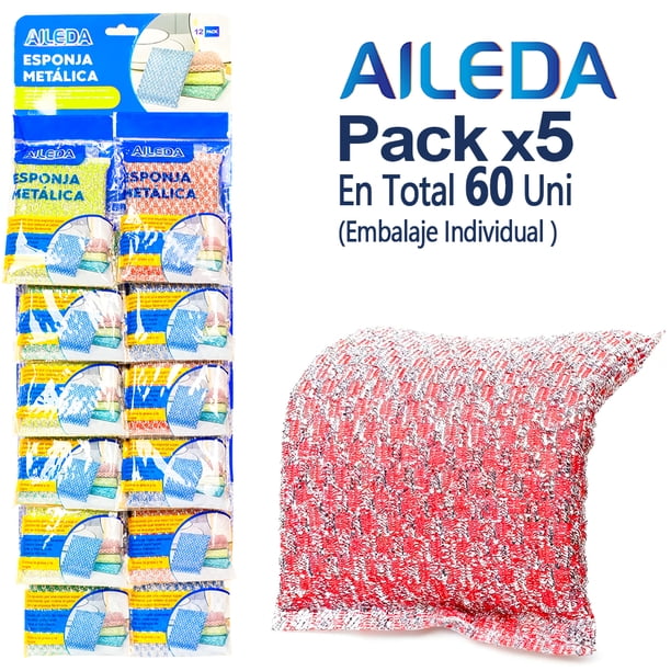 Esponja Metálica Aileda, Paquete de 12 Unidades Duradero, antibacteriano y fácil de limpiar (En total 60 Unidades )