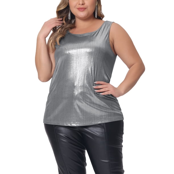 Agnes Orinda Disfraces de Halloween para Mujeres Tallas Grandes Tops de Escuela Universitaria Cuello Redondo Sin Mangas Ropa de Fiesta Club Brillante Holográfico Metálico Camiseta sin Mangas 2X Plata