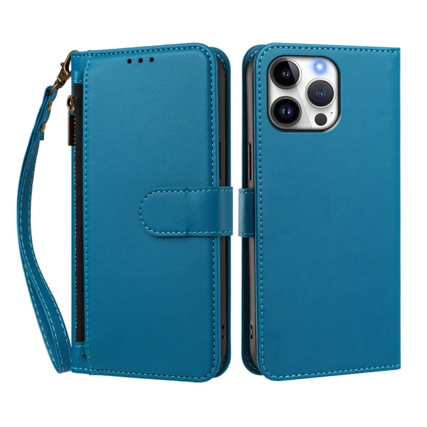 Funda Tipo Billetera para iphone16 Promax con Soporte y Bolsillo con Cierre Azul