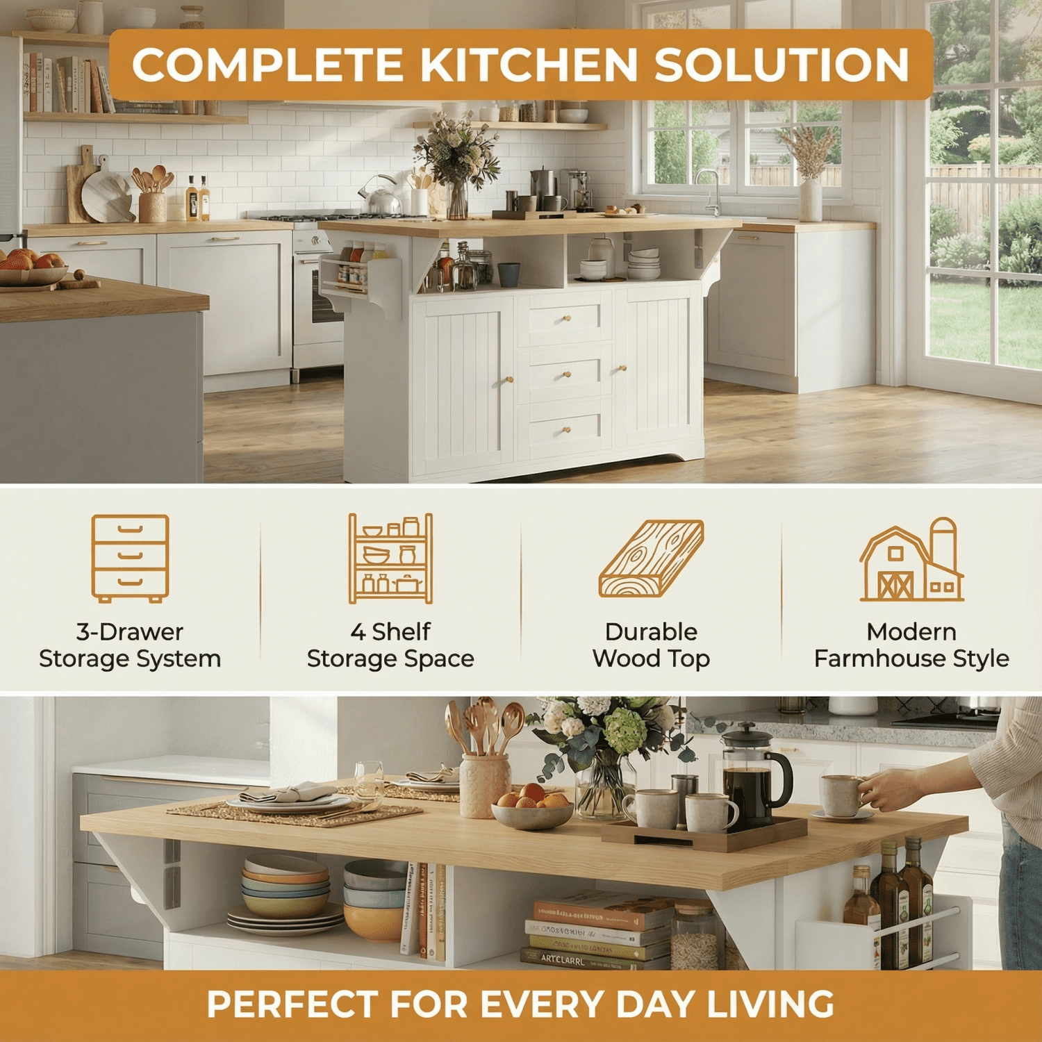 M&ms - Large Kitchen Island With 2 Drop Leaf,rolling Kitchen Cart On 5 Wheels With Power Outlet,folding Storage Dining Table With Spice & Towel Rack , 3 Drawers, For Kitchen, Dining Room,white