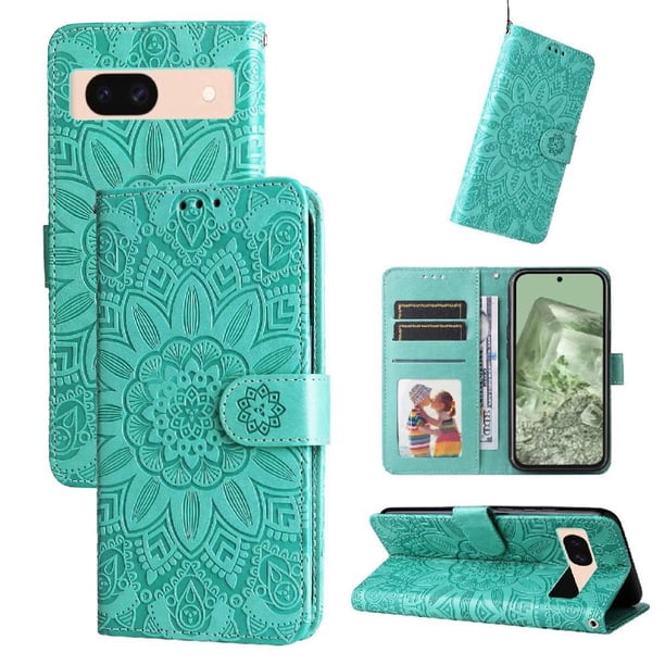 Funda tipo cartera FOXDOCK para Google Pixel 8A , diseño girasol en relieve, cuero PU, cierre magnético, soporte y tarjetero