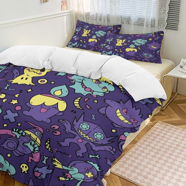 Gengar Bed Duvet Cover Funny Anime Cartoon Bedding Sets Lightweight 3 Piece Comforter Sets
