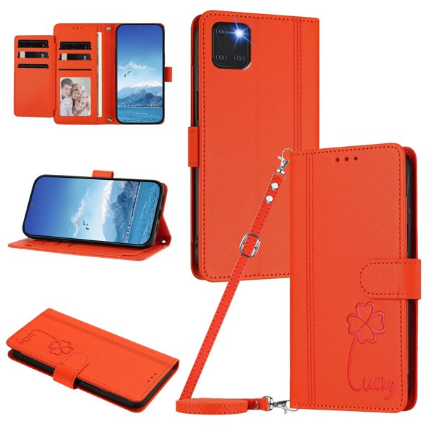 Funda Cartera Trébol para Samsung Galaxy Note 10 Lite con Ranuras Tarjetas y Carga Inalámbrica Naranja