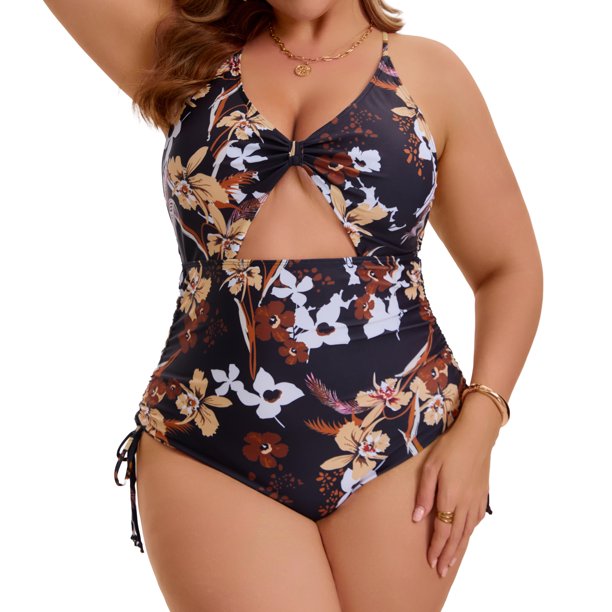 Agnes Orinda Traje de baño de una pieza con estampado de tirantes cruzados para control de abdomen para mujer de talla grande, talla 2X, floral marrón amarillo