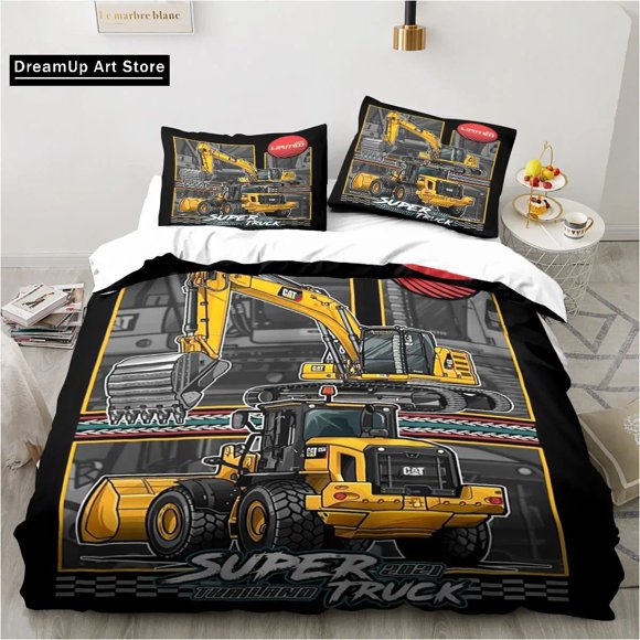 Fashion Excavator Cater CAT Bedding Set Boys Girls Duvet Cover Pillowcase Bed Adult Bedroom