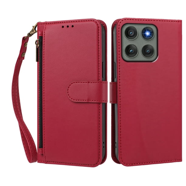 Funda Tipo Billetera para Motorola Moto Edge 60 pro con Soporte y Bolsillo con Cierre Rojo