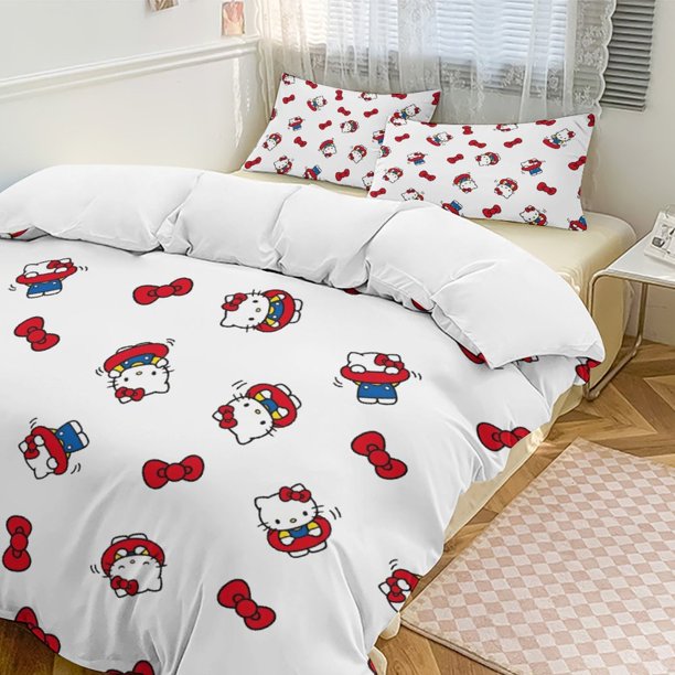 Bow Tie Hello Kitty Comforter Set Soft 3 Pcs Twin Bedding Sets Thicken for All Season