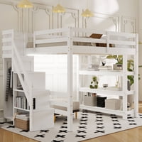 M&Ms - Full Size Loft Bed With Shelves, Storage Staircase, Small Wardrobe And White Led Light, White