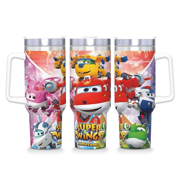 Super Wings Vaso aislado de acero inoxidable con asa, diseño temático, regalo para familia, amigos y fans; incluye pajita y encaja en el portavasos estándar, 40 oz