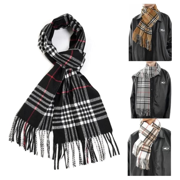 Bufanda Hombre Cachemira Delgada Cuadros Y Flecos 180x33 Cms negro Talla Única