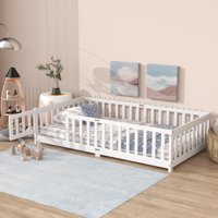 M&Ms - Twin Size Floor Bed With Fence And Door,Rubber Wood Floor Bed With Safety Guardrails,White