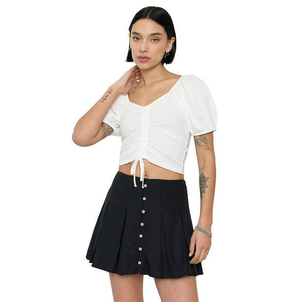 Blusa Mujer Crop Panal Manga Globo Blanco Corona