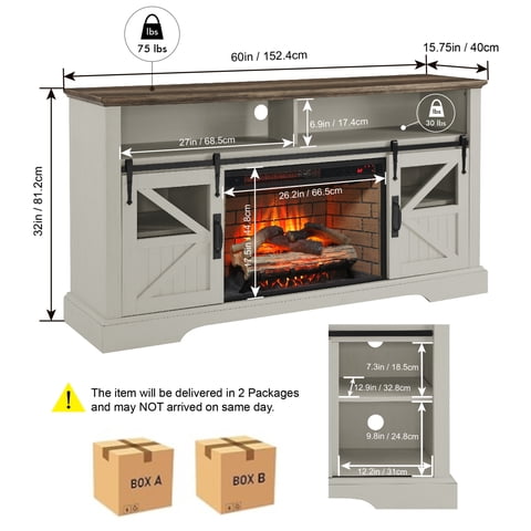 M&Ms - 60 Inch Electric Fireplace Entertainment Center With Door Sensor-Jasmine White Color