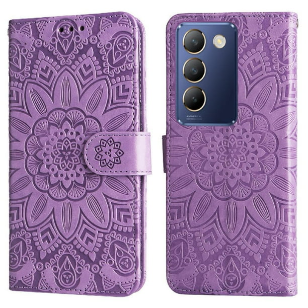 Funda tipo cartera FOXDOCK para Vivo Y200E 5G , diseño girasol en relieve, cuero PU, cierre magnético, soporte y tarjetero