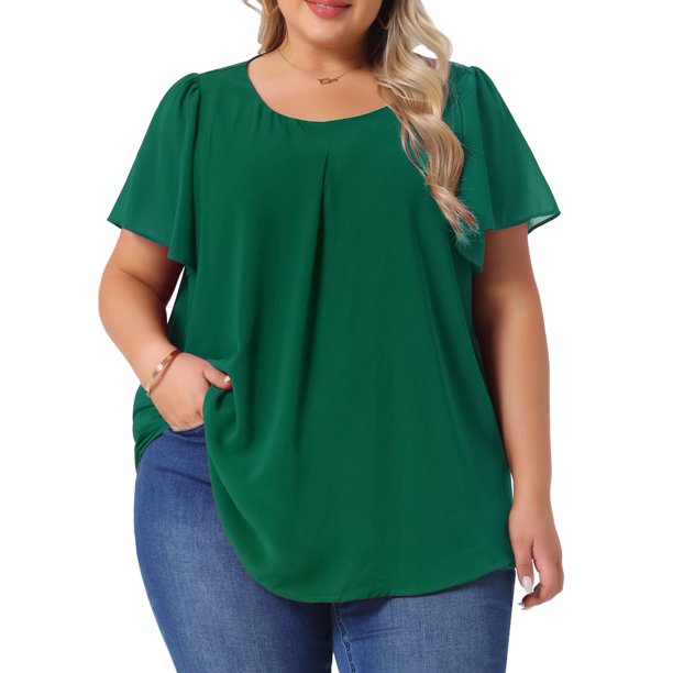 Agnes Orinda Blusa de Chifón para Mujer Talla Grande Camisa de Doble Capa Cuello Redondo Mangas Cortas con Volantes Tops Casual de Trabajo 1X Verde Oscuro