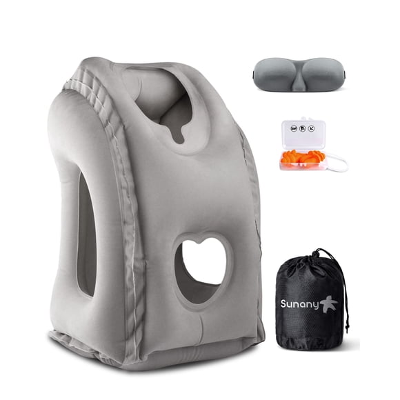 Almohada de viaje Sunany inflable para cuello con máscara para ojos y tapones para los oídos, color gris