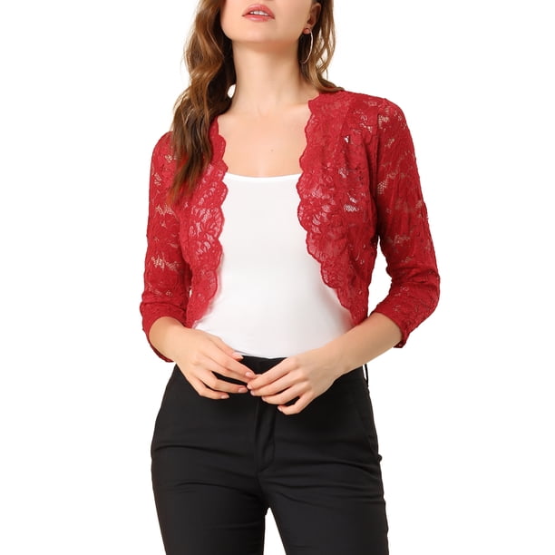 INSPIRE CHIC Chaquetas de Mujer de Encaje Floral Cárdigan de 3/4 Mangas Cubierta Transparente Rojo Escarlata XL