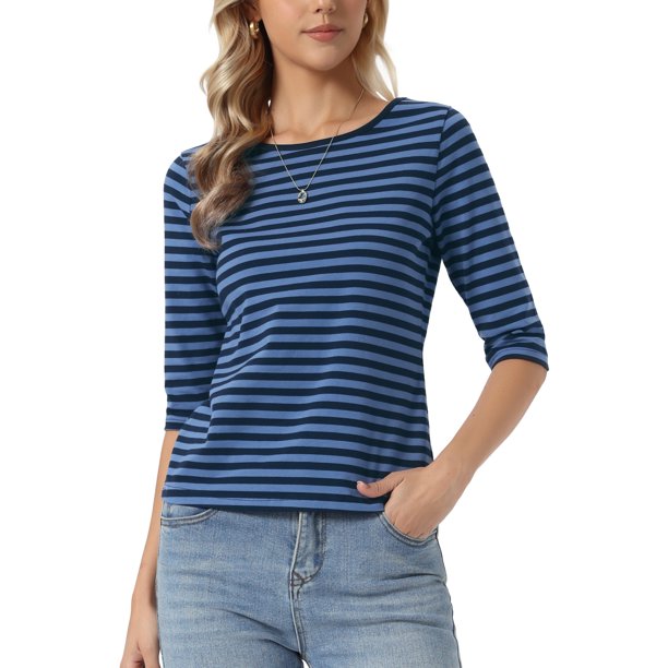 INSPIRE CHIC Camiseta Básica de Mujer con Mangas al Codo Cuello Redondo Ajustada Casual Impresa para Regreso a Clases Azul Polvoriento a Rayas XL