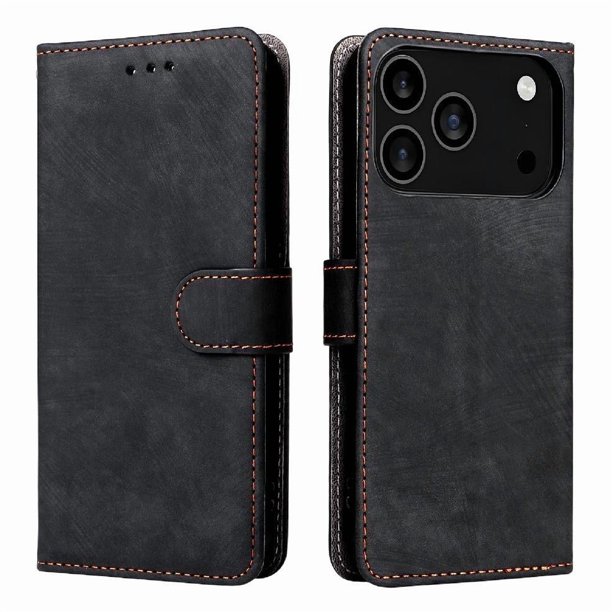 Funda Billetera para iPhone 17 Pro con Soporte - Cartera de Cuero con Ranuras Negro