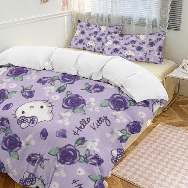 Cute Hello Kitty Thickened Three-piece Bed Set Cartoon Pillowcase Anime Quilt Cover Bedroom Hotel Theme House Vacation Home Holiday Anniversary Gift