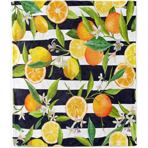 Orange & Lemon Blanket Soft Lightweight Plush Flannel Fleece Blanket with Tropical Fruit Flower Leaf Print Pattern for Couch Sofa Bed Travel All Season Blanket for Baby Kids Adults