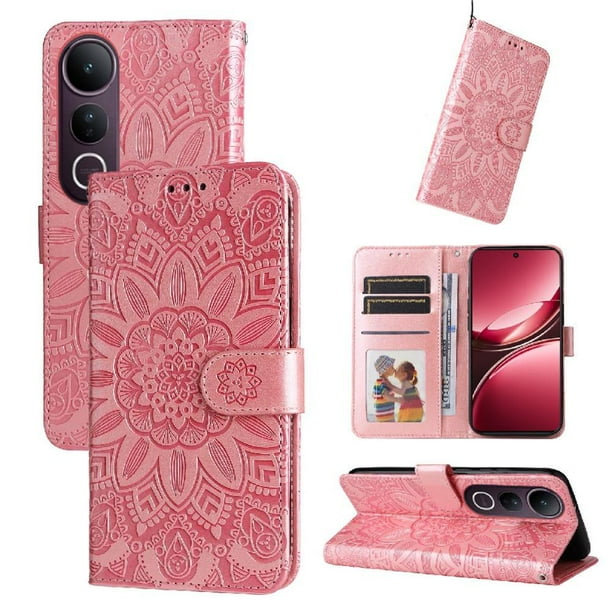 Funda tipo cartera FOXDOCK para Vivo V50 Lite , diseño girasol en relieve, cuero PU, cierre magnético, soporte y tarjetero