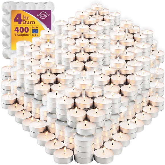 Velas para velas de té MontoPack, paquete de 400 unidades, 4 horas de combustión, color blanco