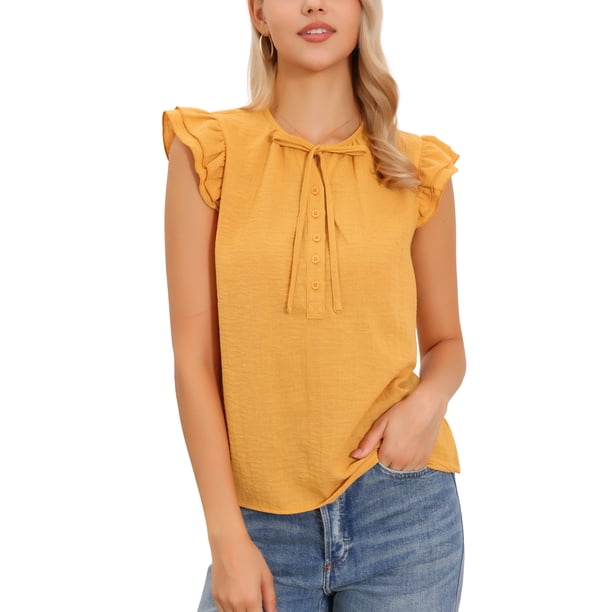 INSPIRE CHIC Blusas de Verano para Mujer con Mangas Volantes, Cuello con Lazo y Botones al Frente, Casual, Talla S, Amarillo