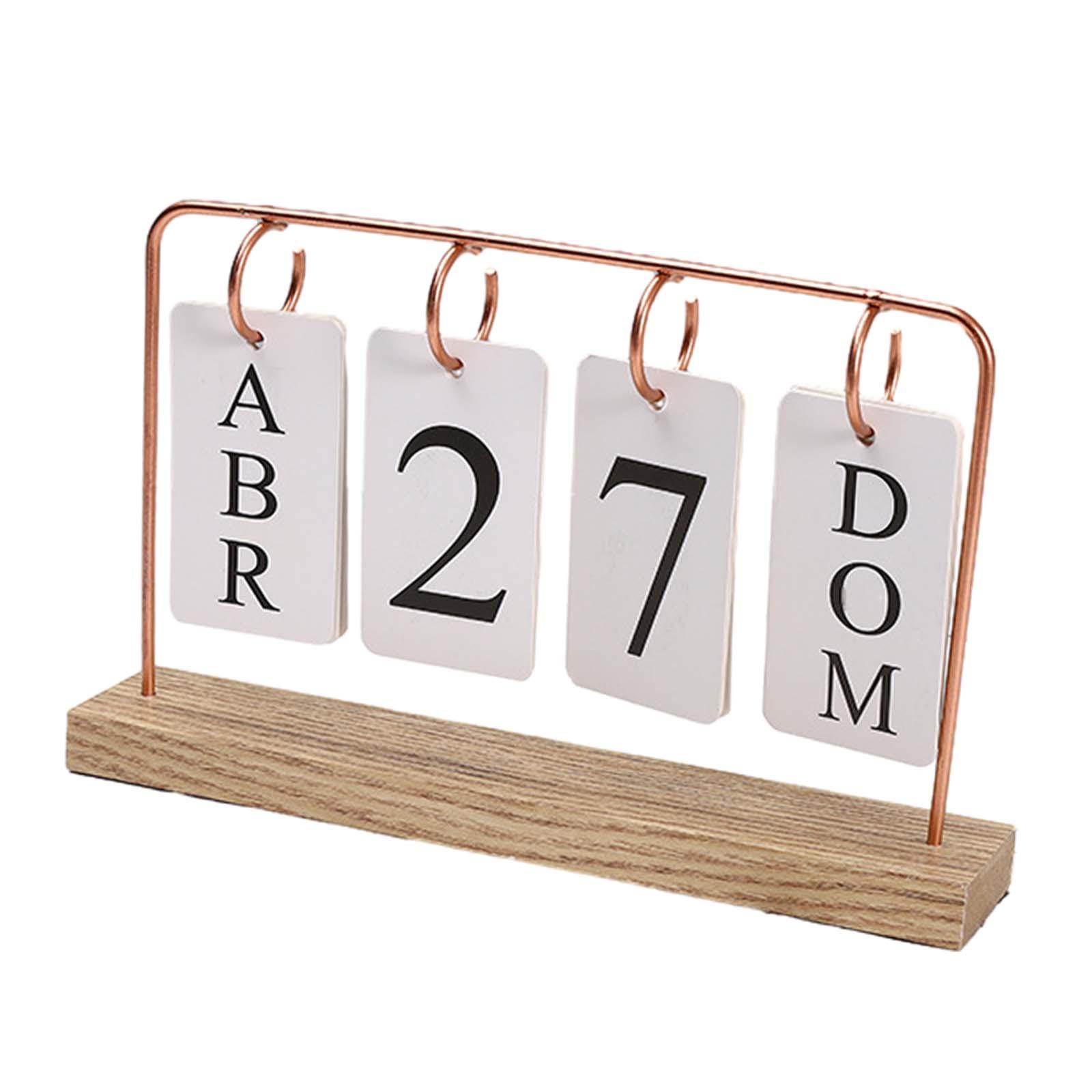 Ioensy - Calendario De Escritorio De Metal Calendario De Pie Con Base De Madera Para Decoración Del Hogar Regalo De Oficina Oro Rosa