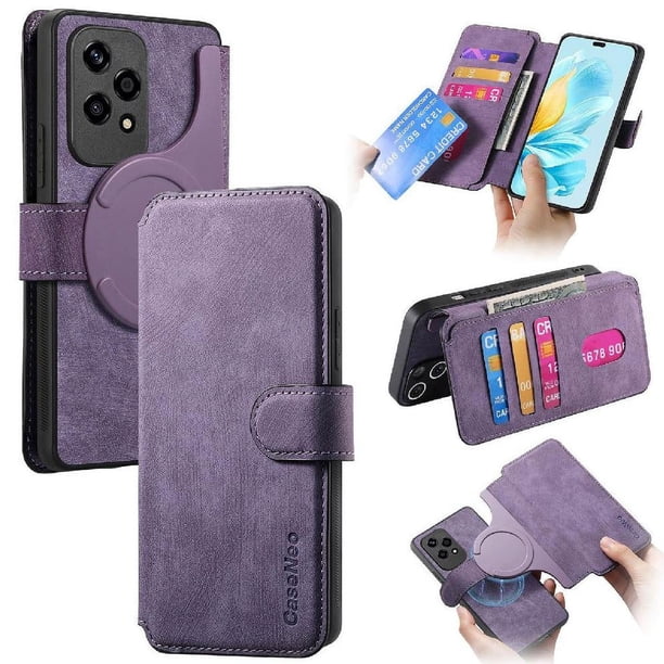 Funda Billetera Magnética para Honor 200 Lite Soporte Tarjetas Desmontable Morado