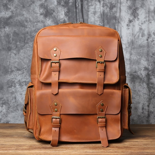 NZPJ Retro Crazy Horse Men's Backpack Large Capacity Genuine Leather Backpack Natural Cowhide Travel Bag For 17 Inch Laptop
