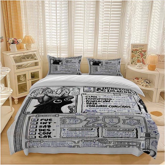 3pcs Cute Cat Wizard Merlin D&D Themed Bedding Set Duvet Cover and Pillowcase Set Soft and Comfortable