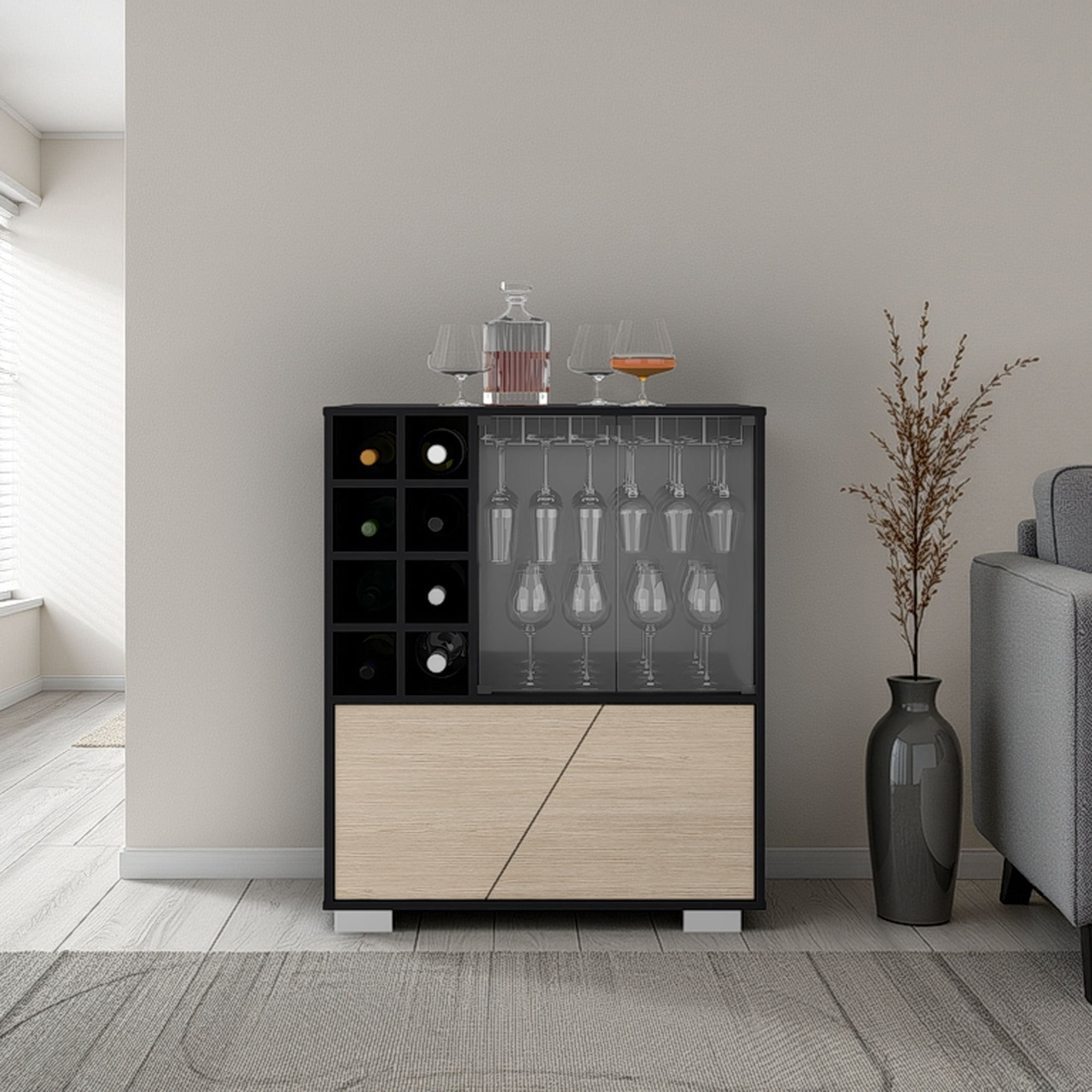 Tuhome - Bar Bajo 4 Puertas 8 Botelleros Y Portacopas Fraktal Wengue Y Cartagena 94,9x78,8x40,3 Cm