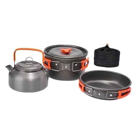 Magideal - Juego De Cocina Para Acampar De 3 Piezas, Olla, Sartén, Hervidor Antiadherente, Utensilios De Cocina Portátiles Para Acampar, Kit De Cocina Para Sende Naranja