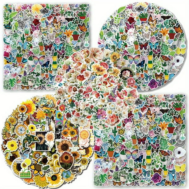 300pcs, Flower,Sunflower,Green Leaf, Butterfly Stickers,Water Bottle Stickers, Pack Waterproof Vinyl For Water Bottle,Laptop,Phone,Skateboard,Stickers For Adults Girls And Kids, Tearable Stickers For