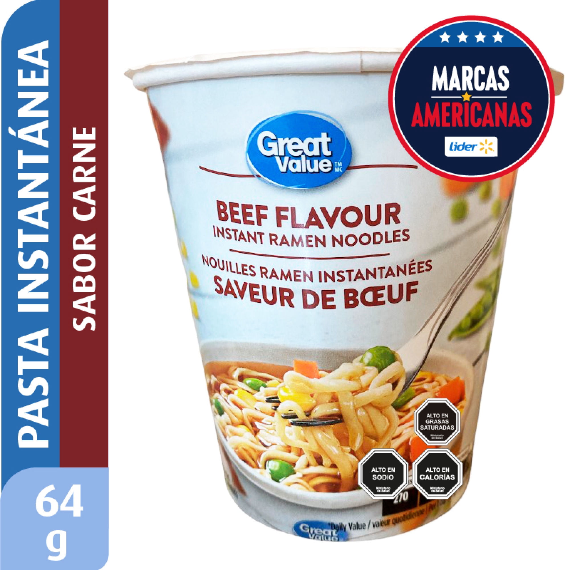 Pasta Fideos Instantáneos Ramen Sabor Carne 64 g Great Value
