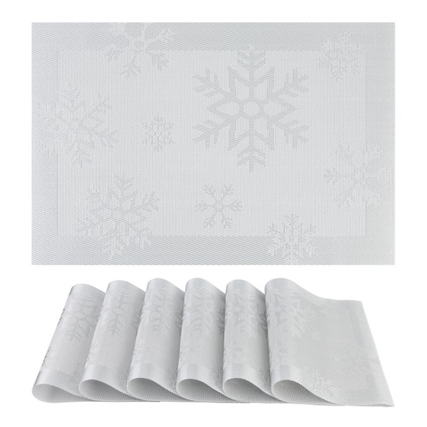 Juego de 6 Manteles Individuales de Otoño para Decoración de Mesa de Comedor, Mantel de Mesa de Cocina Lavable con Patrón de Copo de Nieve Plateado 45*30cm