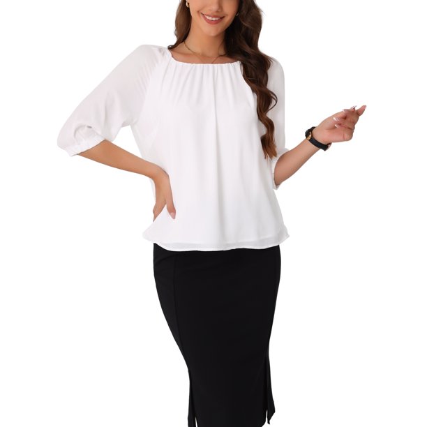 INSPIRA CHIC Camisas de Trabajo para Mujeres Oficina Manga Corta Cuello Redondo Elegantes Tops Casuales L Blanco